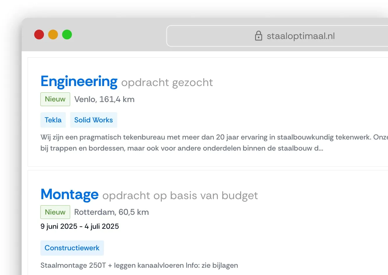 Opdrachten plaatsen en zoeken op Staal Optimaal